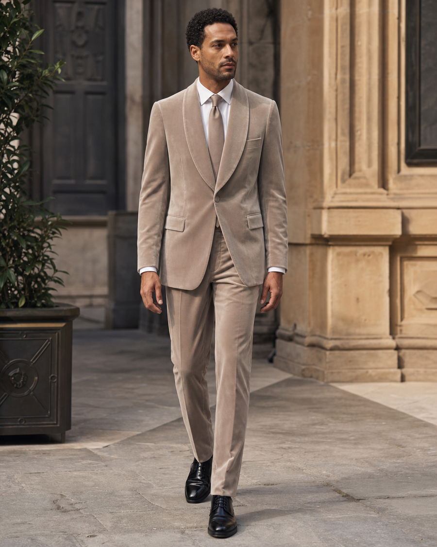 Light Taupe Velvet Shawl Lapel Suit — Custom Made to Measure