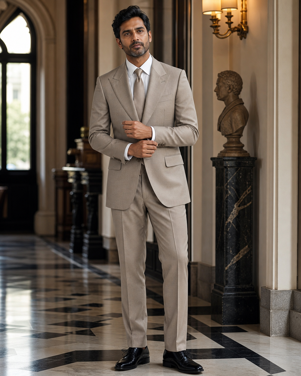Light Taupe Wool Outdoor Wedding Suit - Custom Made to Measure front view