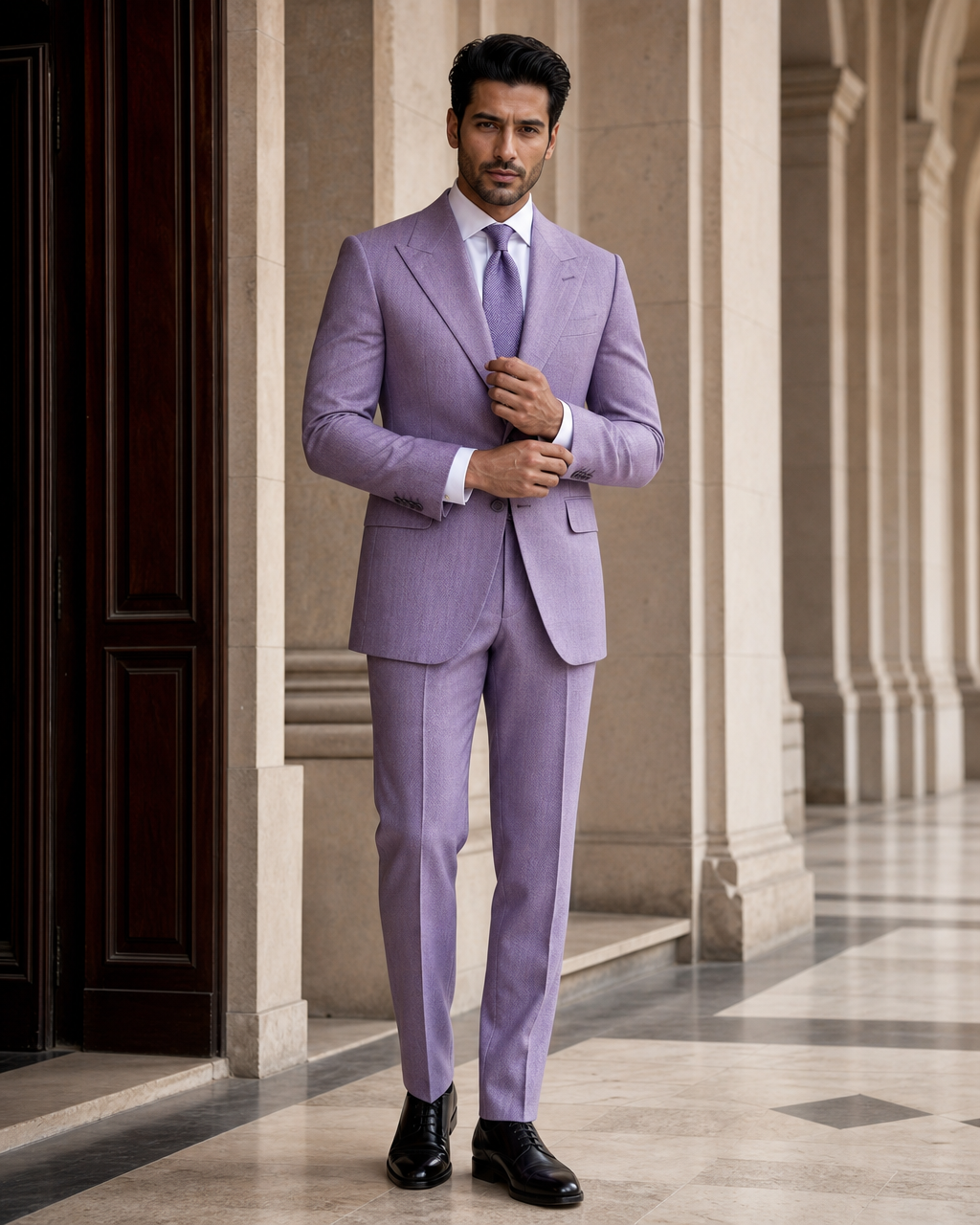 Lilac Herringbone Winter Suit - Custom Made to Measure front view