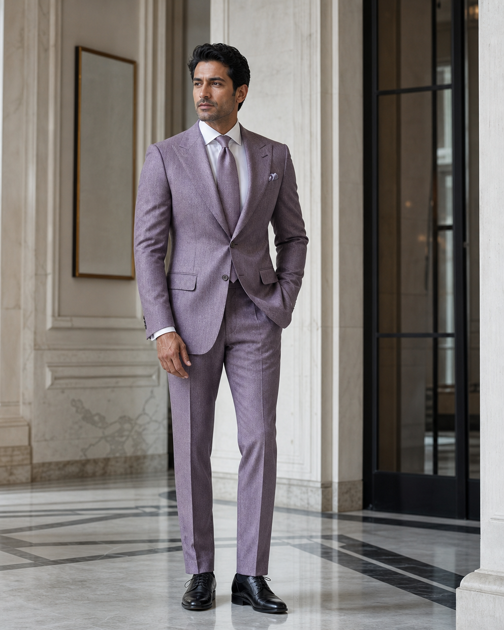 Lilac Herringbone Winter Suit - Custom Made to Measure side back view