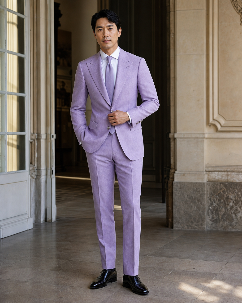 Lilac Linen Beach Wedding Suit - Custom Made to Measure front view