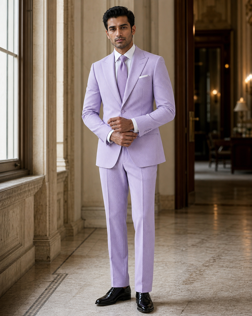 Lilac Seersucker Beach Wedding Suit - Custom Made to Measure front view