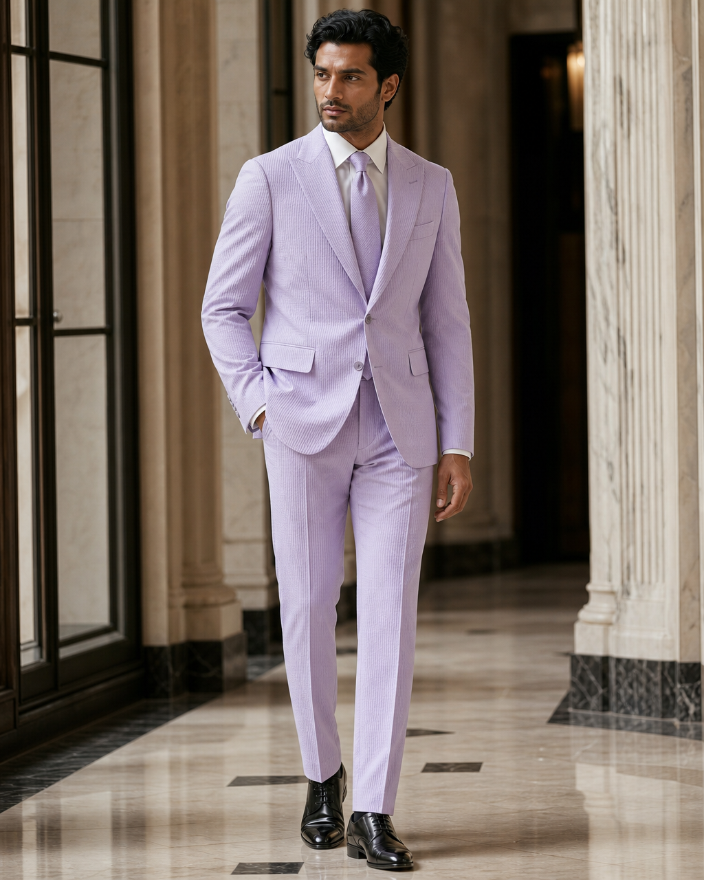 Lilac Seersucker Beach Wedding Suit - Custom Made to Measure side back view