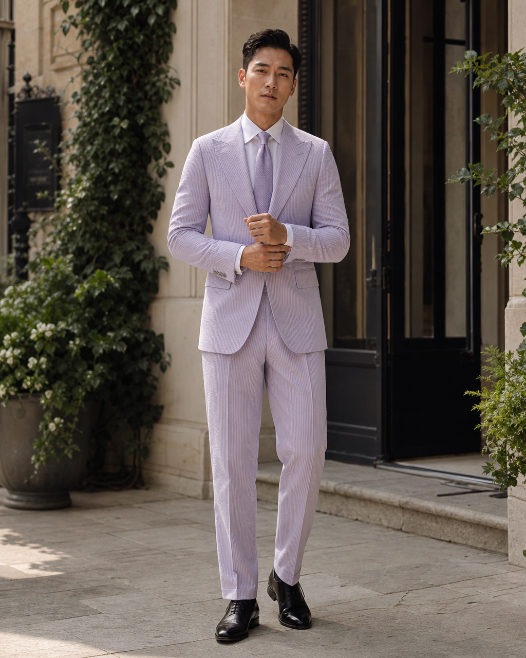 Lilac Seersucker Outdoor Wedding Suit — Custom Made to Measure front view