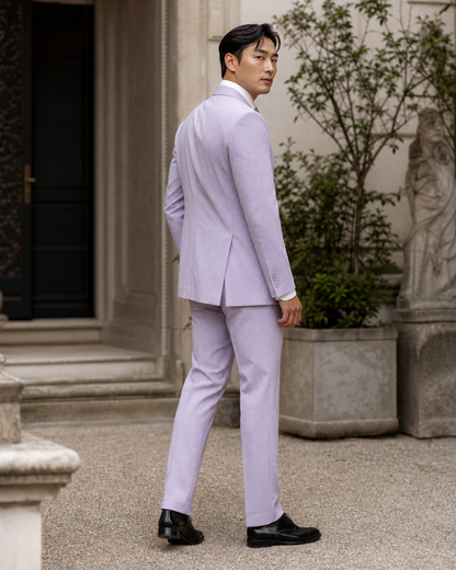 Lilac Seersucker Outdoor Wedding Suit — Custom Made to Measure side back view