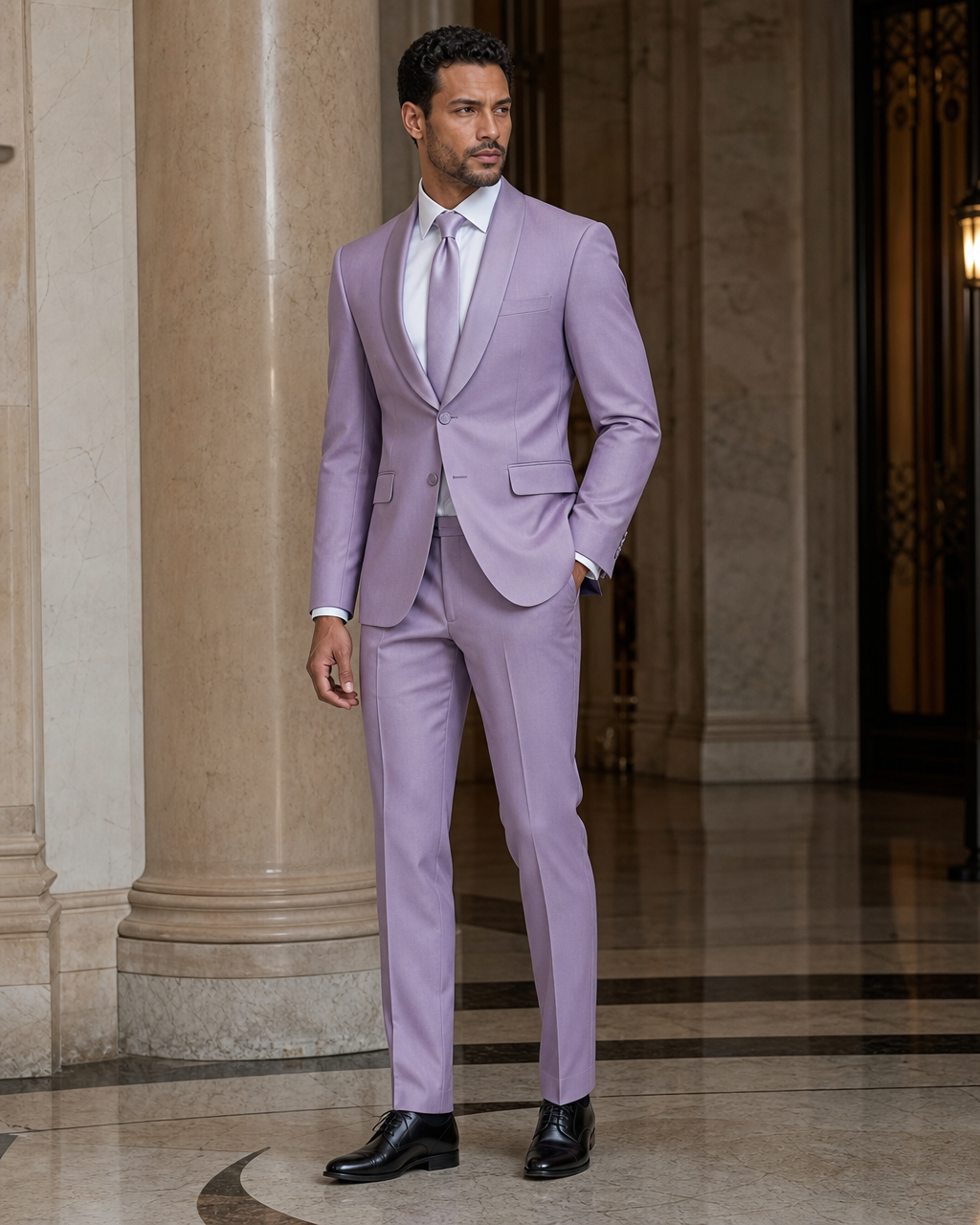 Lilac Silk Blend Shawl Lapel Suit - Custom Made to Measure side back view