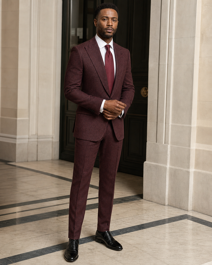Maroon Herringbone Winter Suit - Custom Made to Measure front view