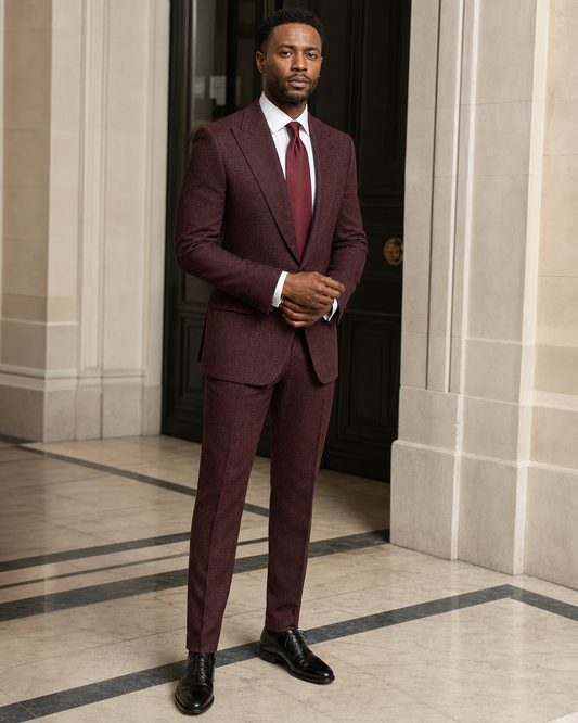 Maroon Herringbone Winter Suit - Custom Made to Measure front view