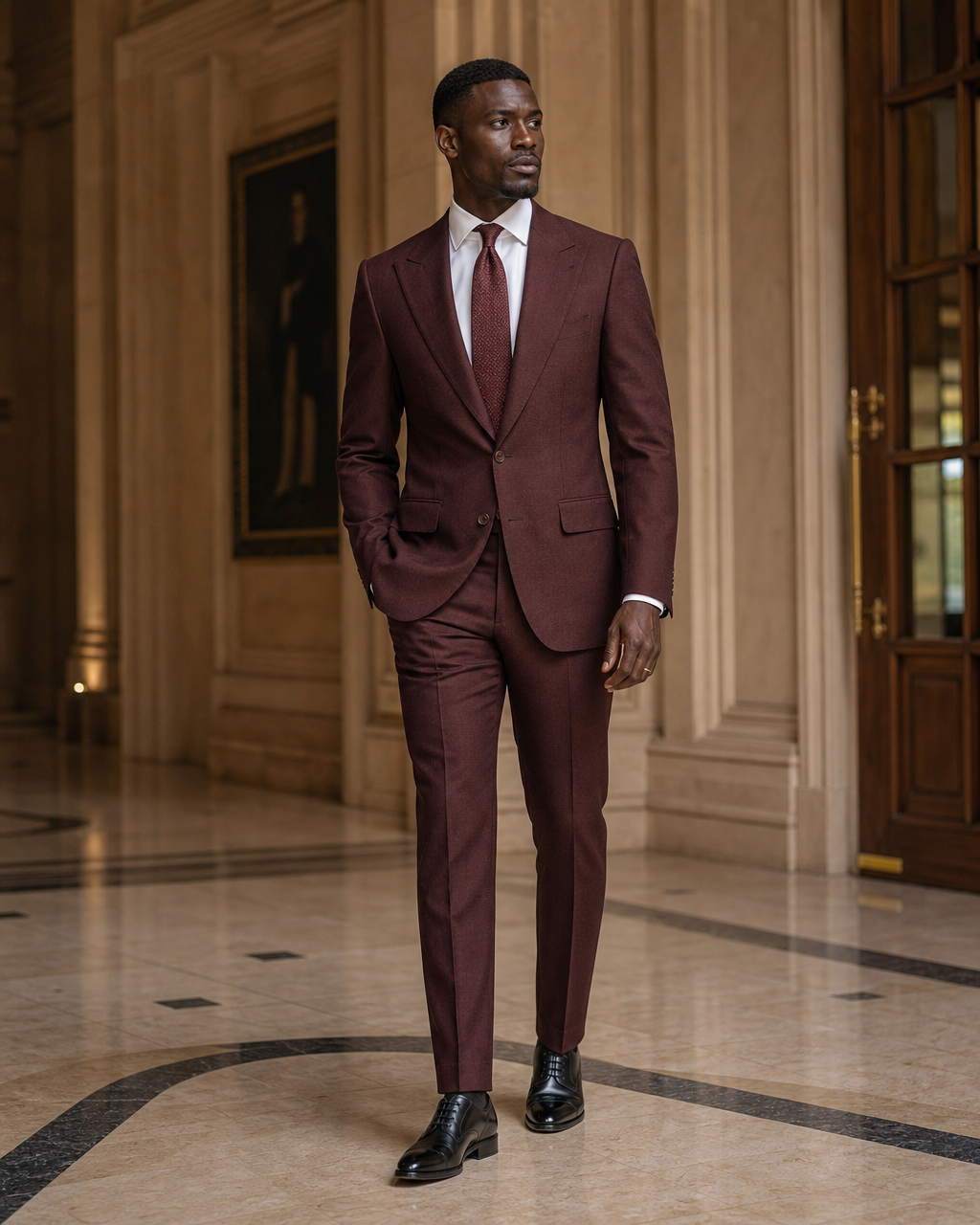 Maroon Herringbone Winter Suit - Custom Made to Measure side back view