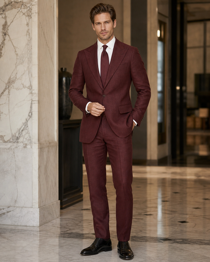 Maroon Linen Beach Wedding Suit - Custom Made to Measure front view