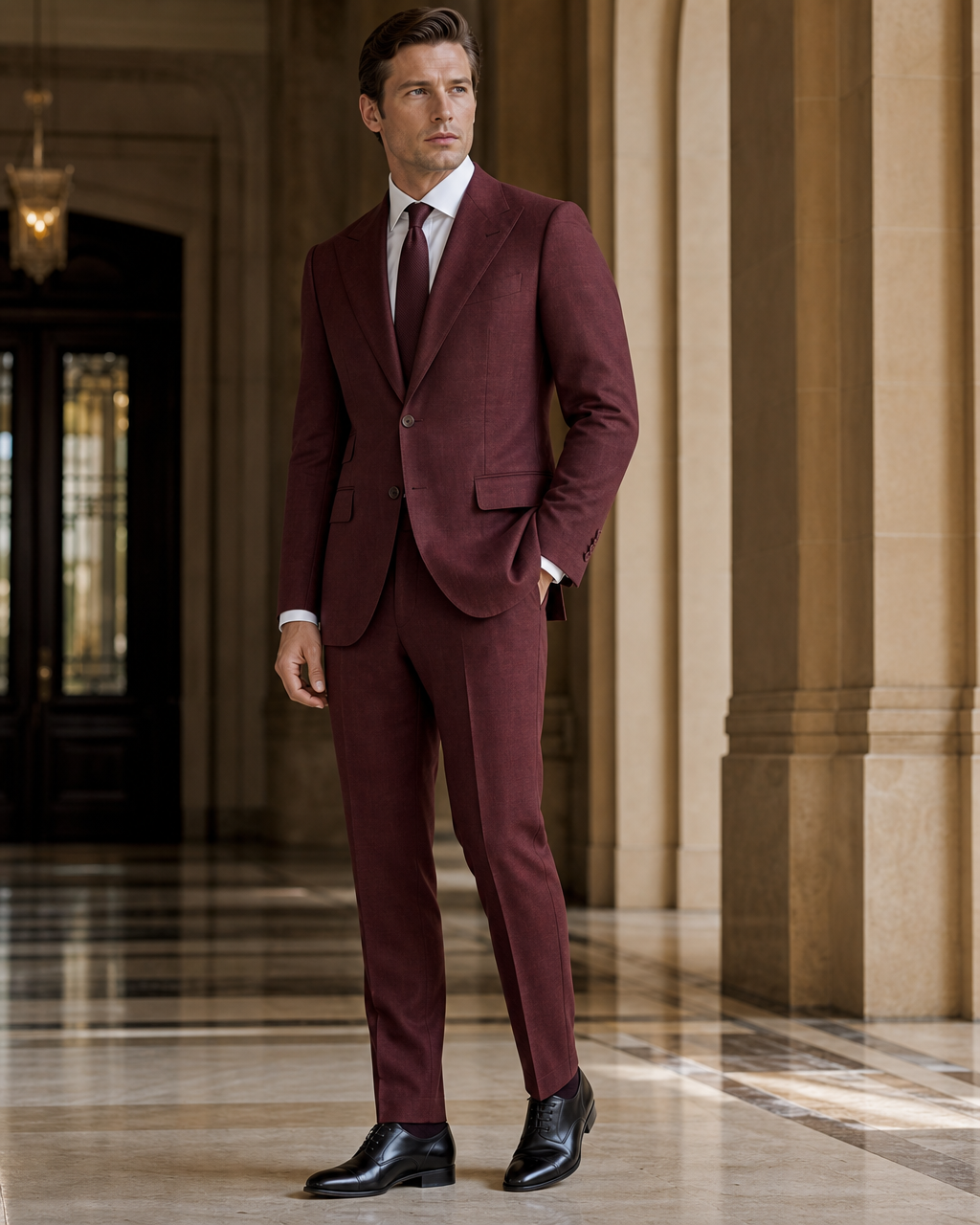 Maroon Linen Beach Wedding Suit - Custom Made to Measure side back view