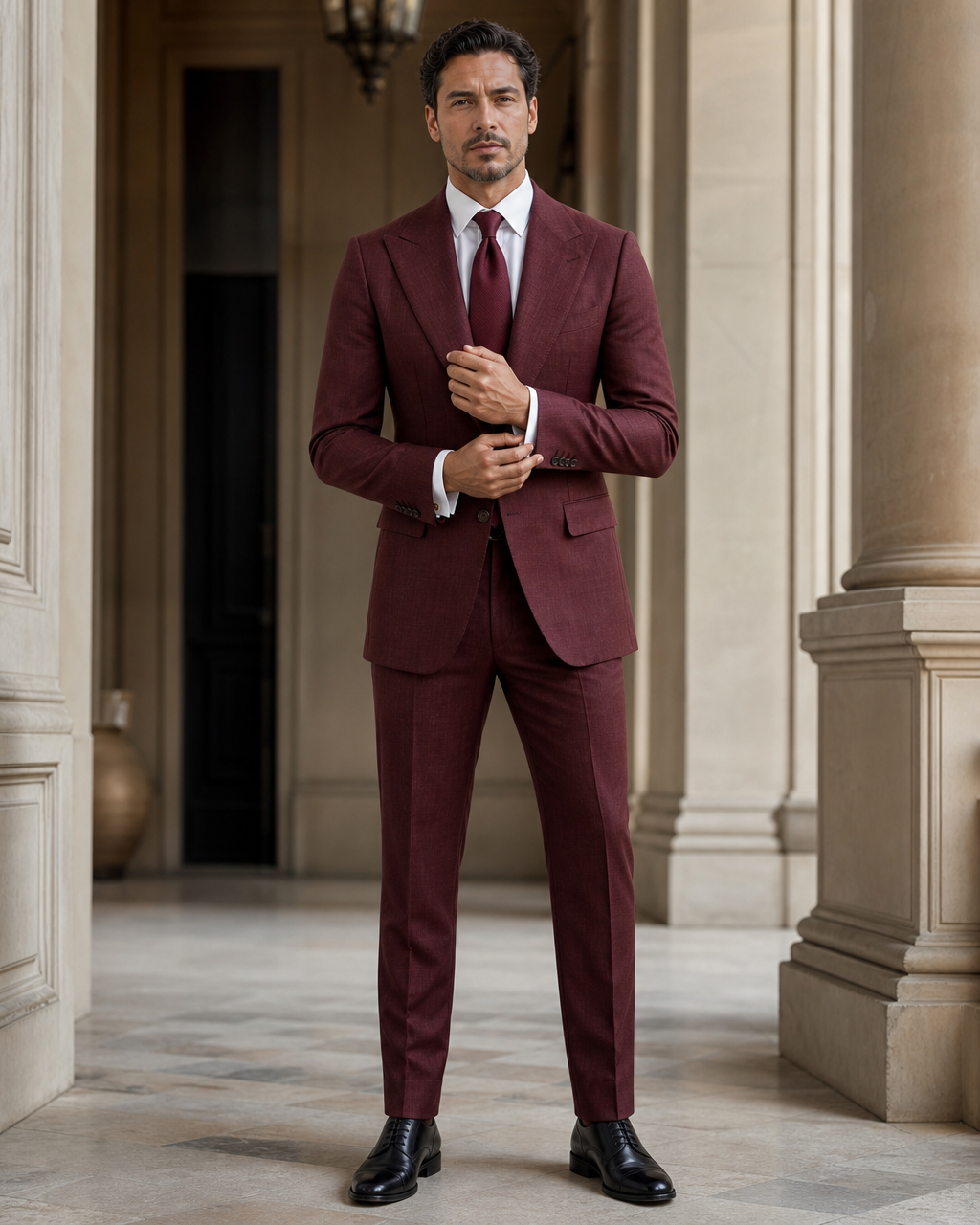 Maroon Linen Outdoor Wedding Suit - Custom Made to Measure front view
