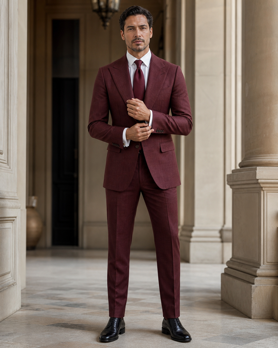 Maroon Linen Outdoor Wedding Suit — Custom Made to Measure