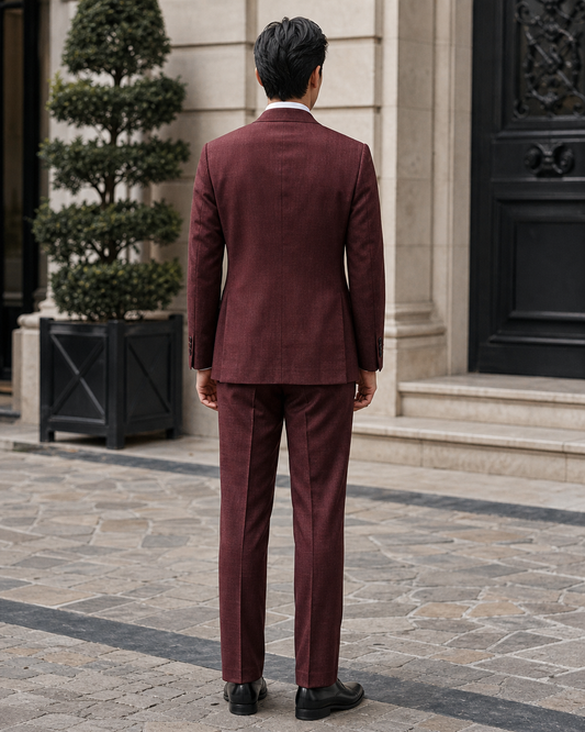 Maroon Linen Peak Lapel Suit - Custom Made to Measure back view