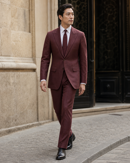 Maroon Linen Peak Lapel Suit - Custom Made to Measure front view