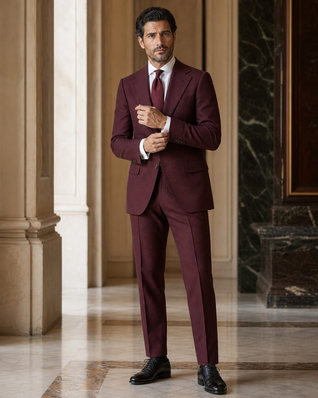 Maroon Seersucker Summer Suit - Custom Made to Measure front view