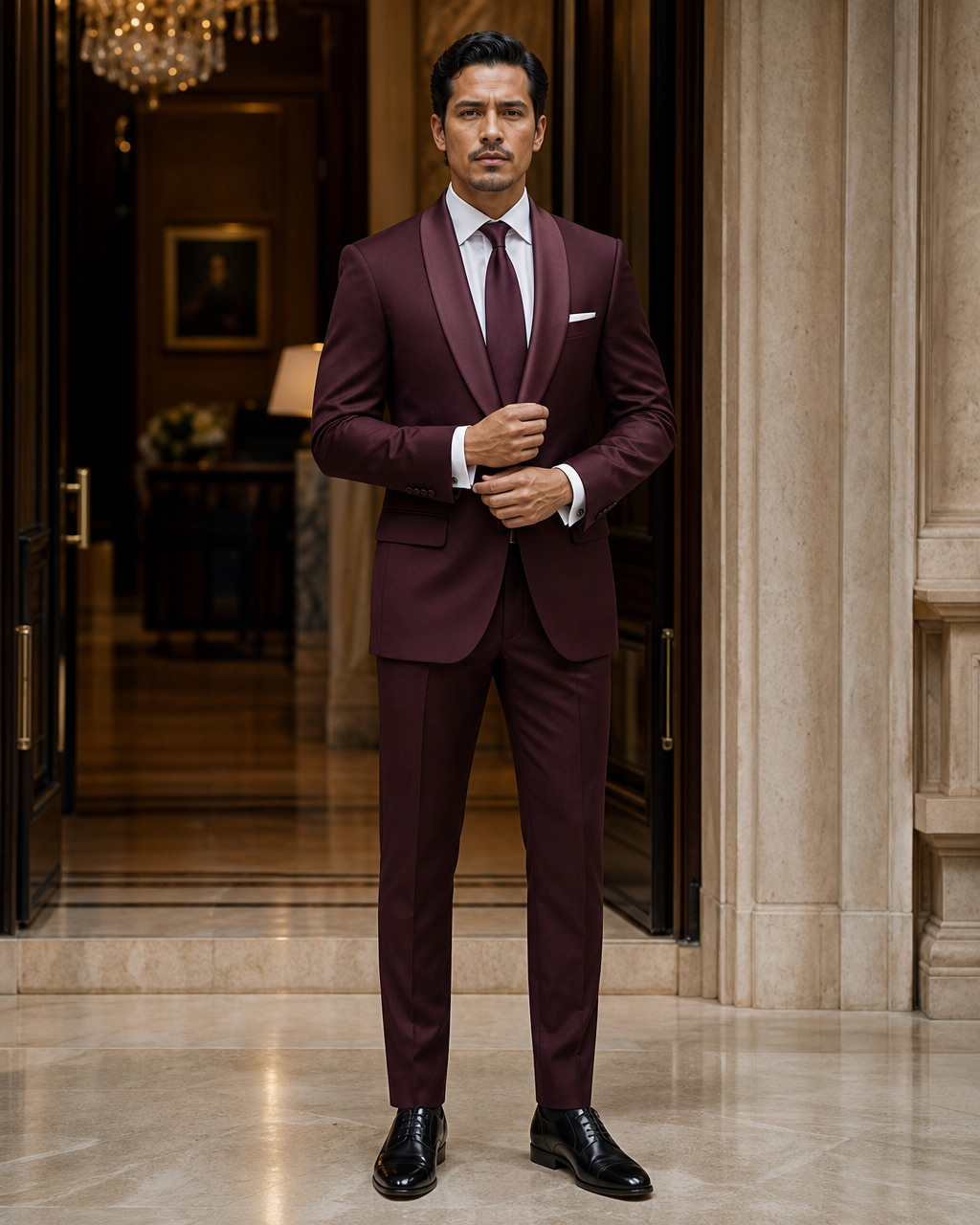 Maroon Silk Blend Shawl Lapel Suit - Custom Made to Measure front view