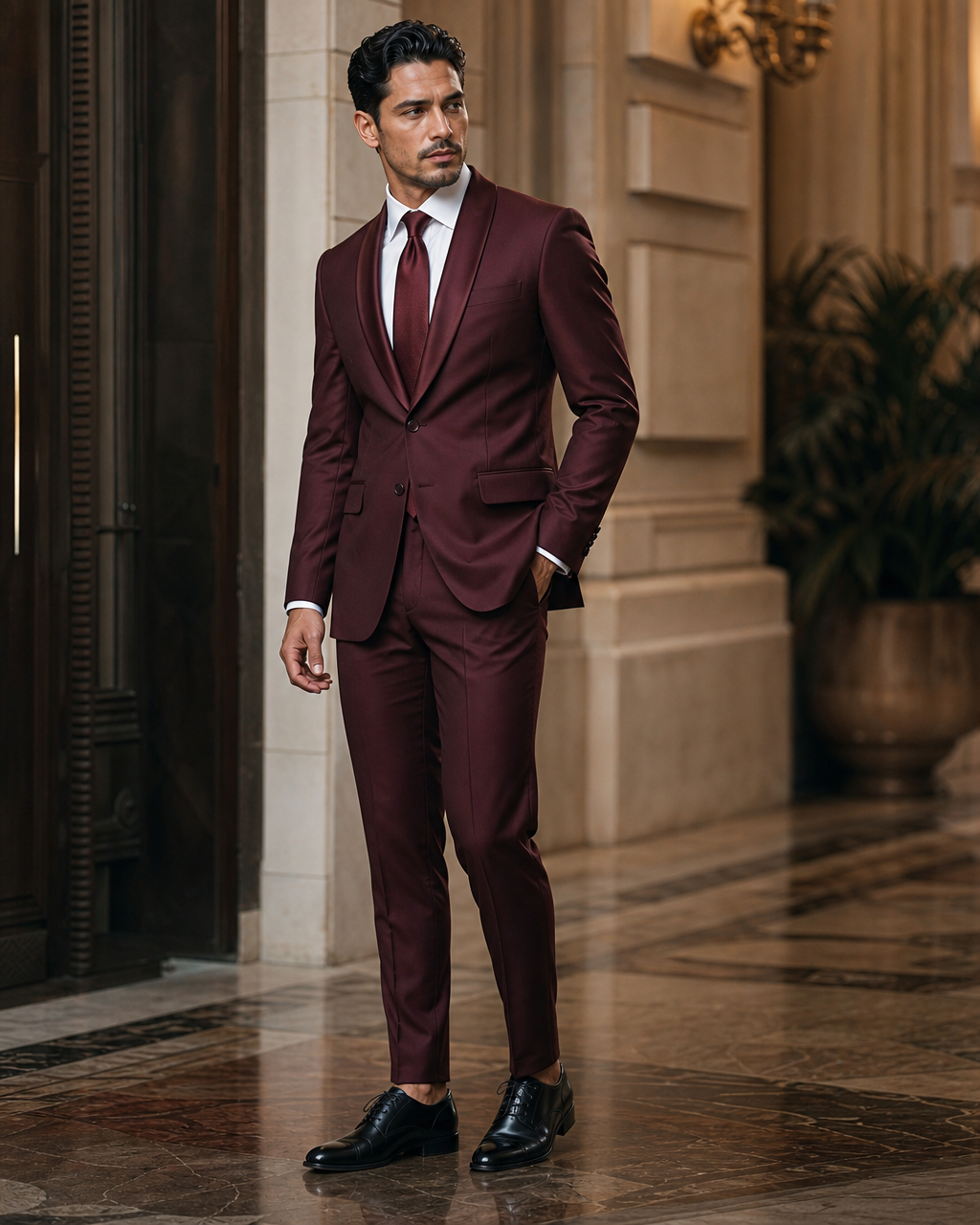 Maroon Silk Blend Shawl Lapel Suit - Custom Made to Measure side back view