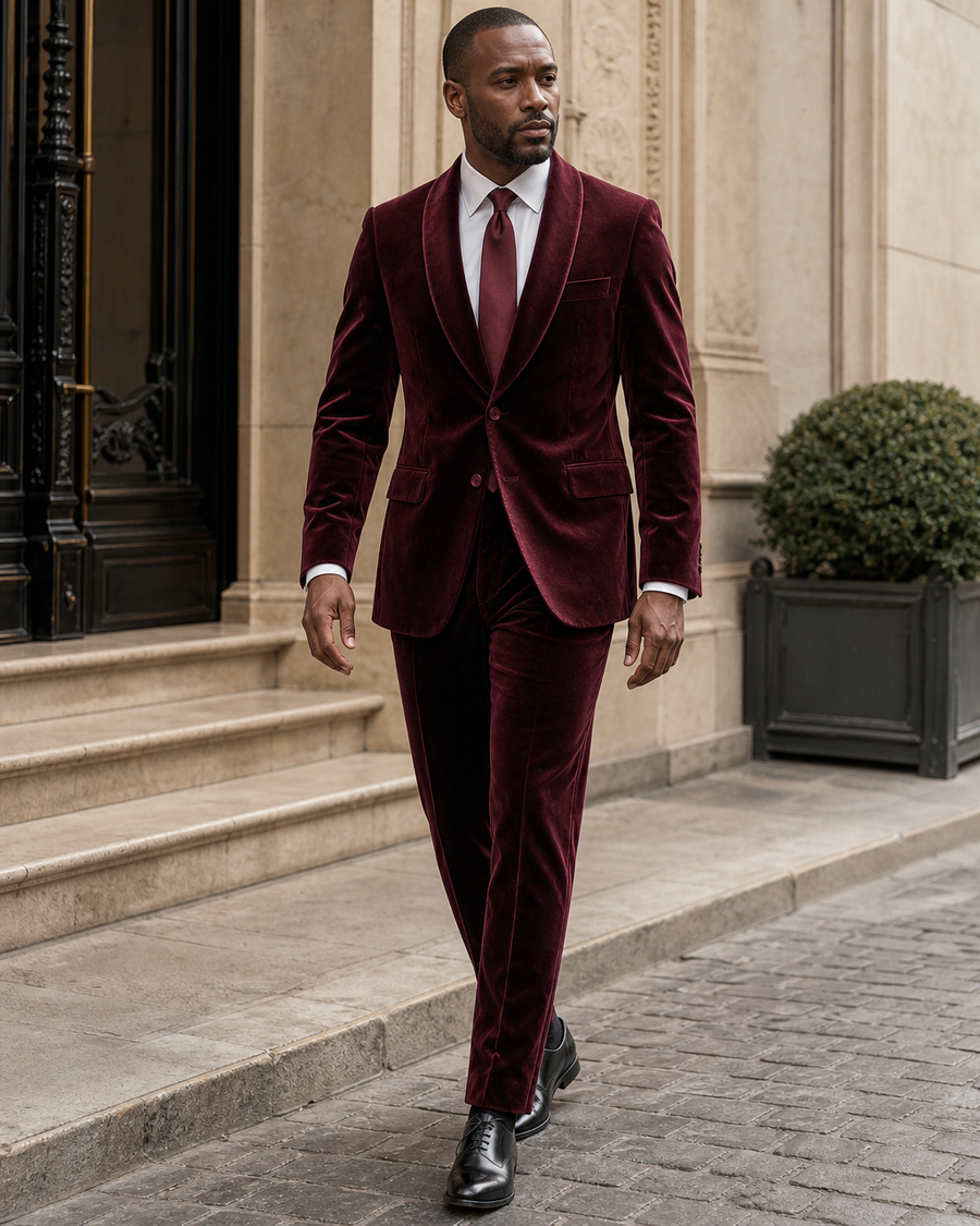 Maroon Velvet Shawl Lapel Suit — Custom Made to Measure