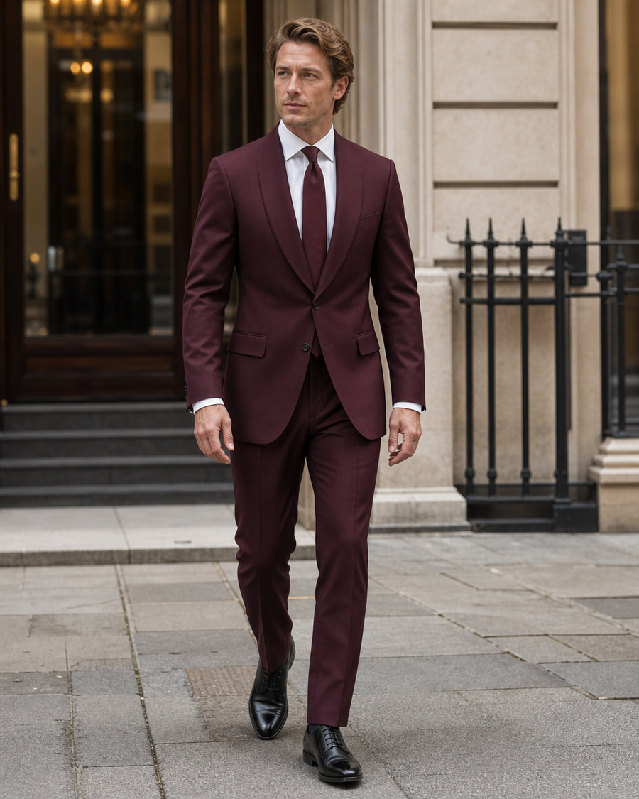 Maroon Wool Shawl Lapel Suit — Custom Made to Measure