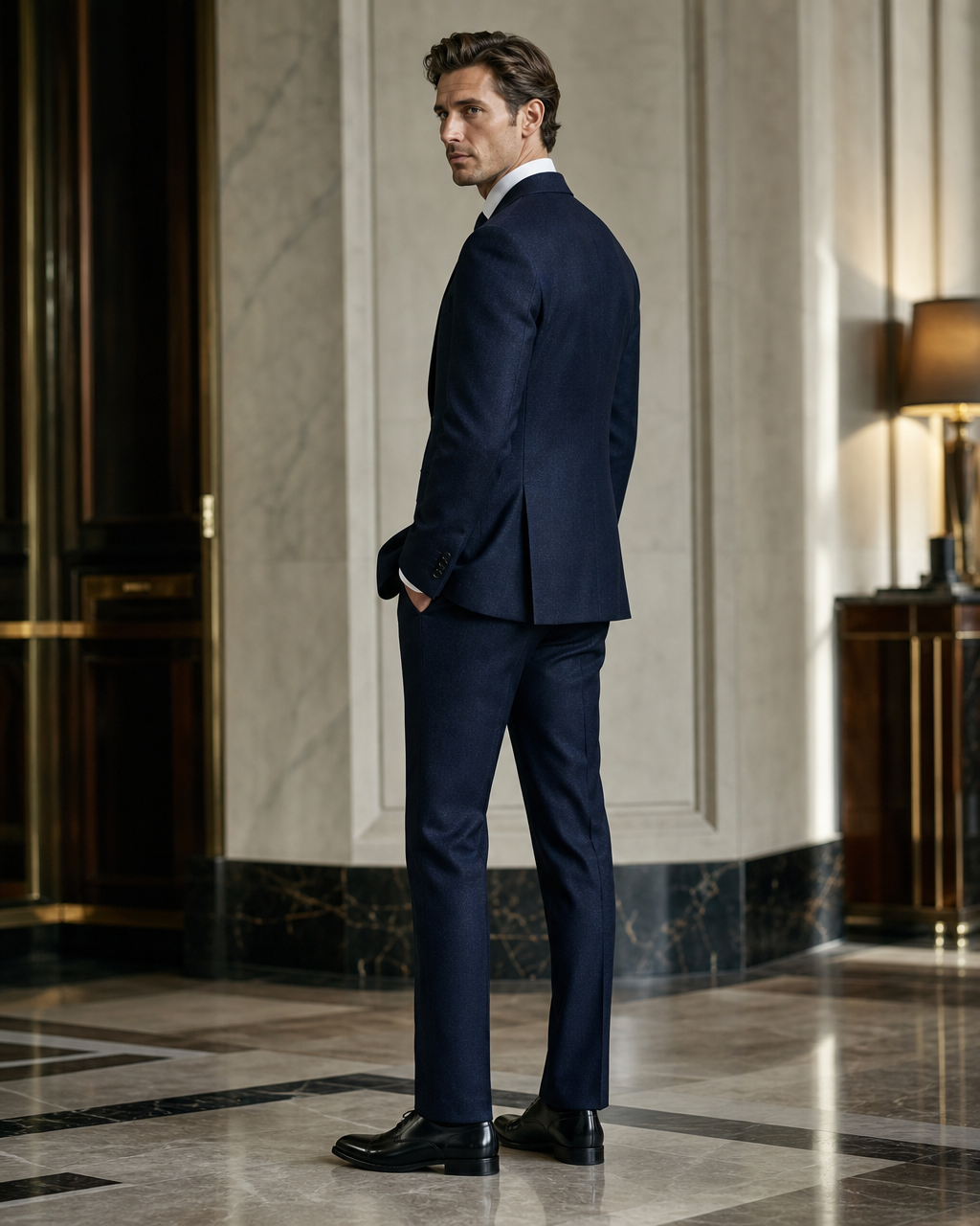 Midnight Blue Flannel Winter Suit - Custom Made to Measure side back view