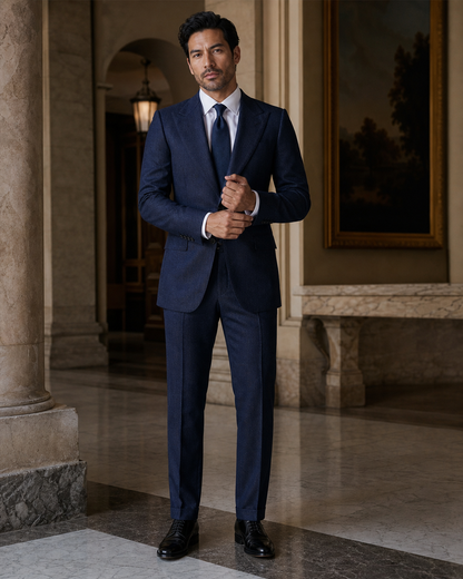 Midnight Blue Herringbone Winter Suit - Custom Made to Measure front view