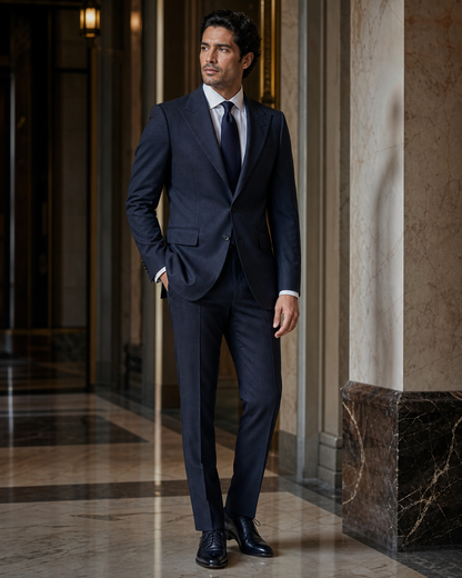 Midnight Blue Herringbone Winter Suit - Custom Made to Measure side back view