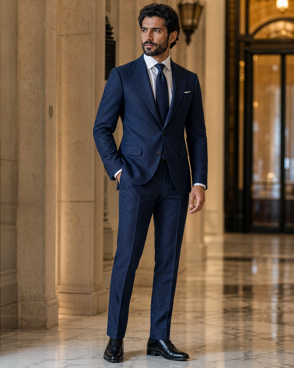 Midnight Blue Linen Beach Wedding Suit - Custom Made to Measure side back view