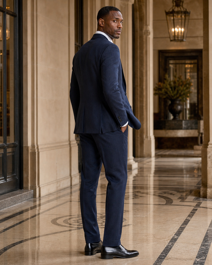 Midnight Blue Linen Outdoor Wedding Suit - Custom Made to Measure side back view