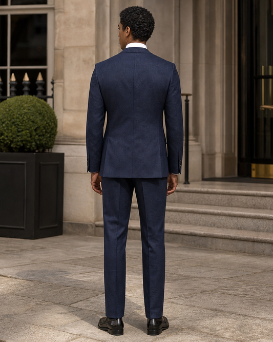 Midnight Blue Linen Peak Lapel Suit - Custom Made to Measure back view