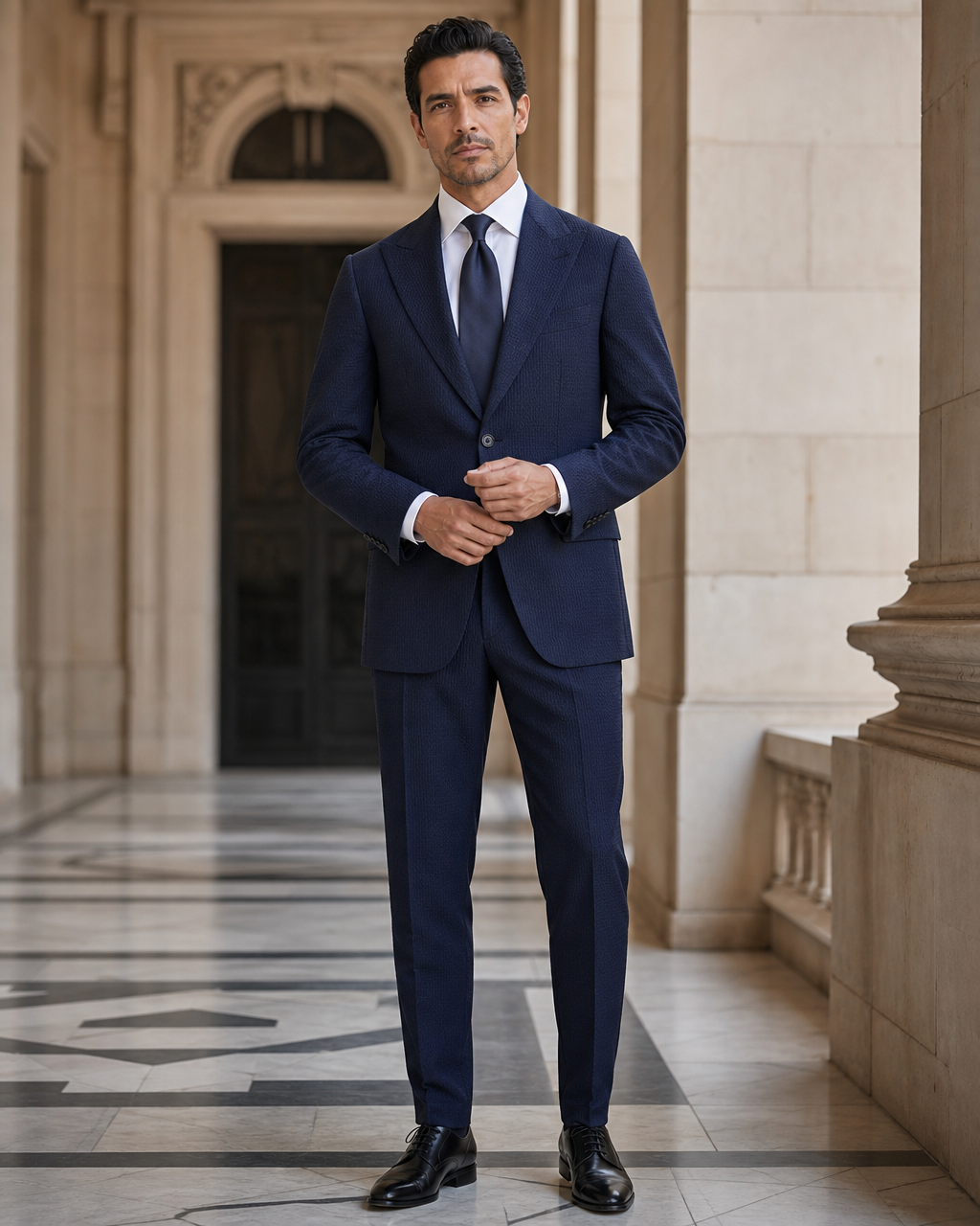 Midnight Blue Seersucker Beach Wedding Suit - Custom Made to Measure front view