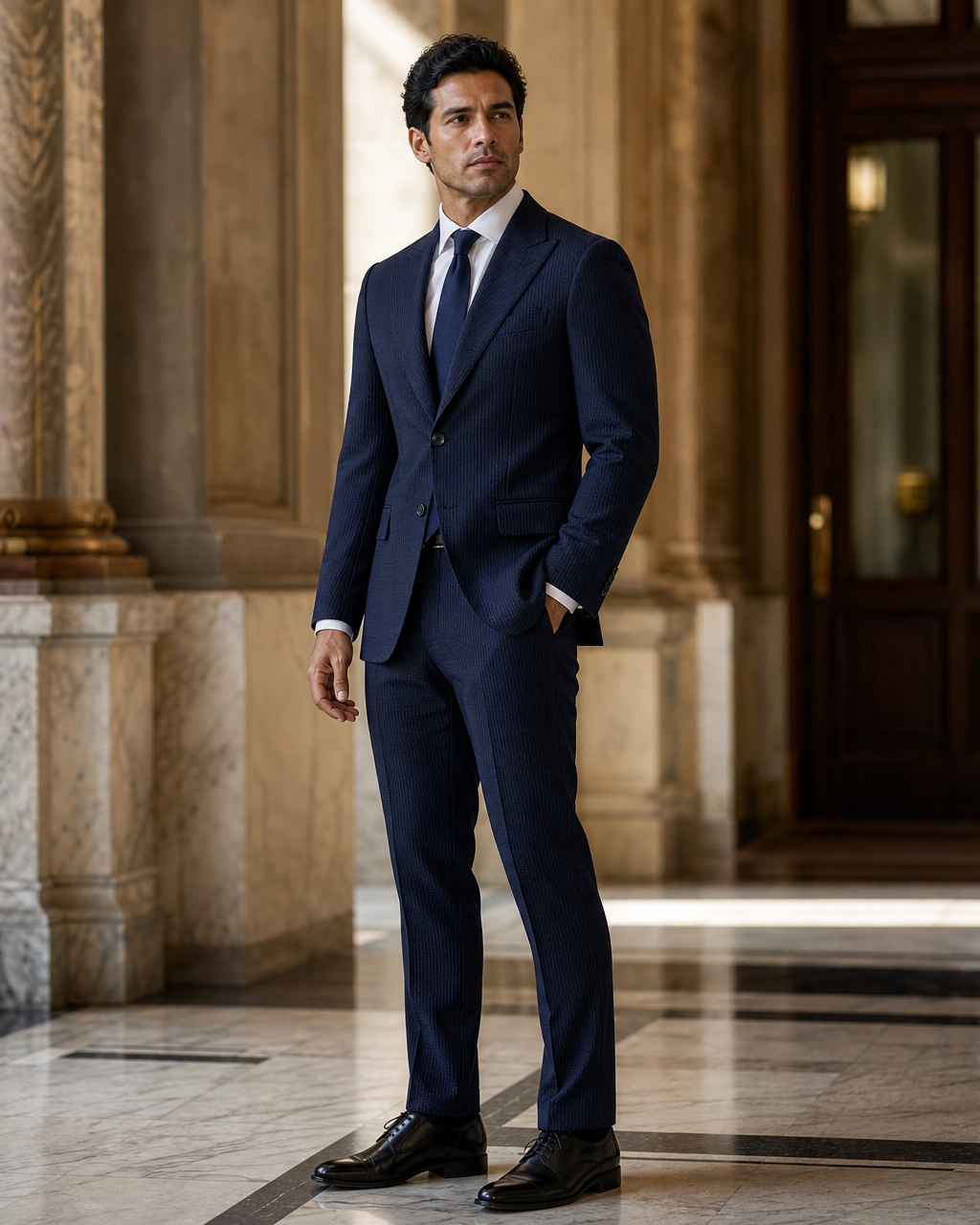 Midnight Blue Seersucker Beach Wedding Suit - Custom Made to Measure side back view