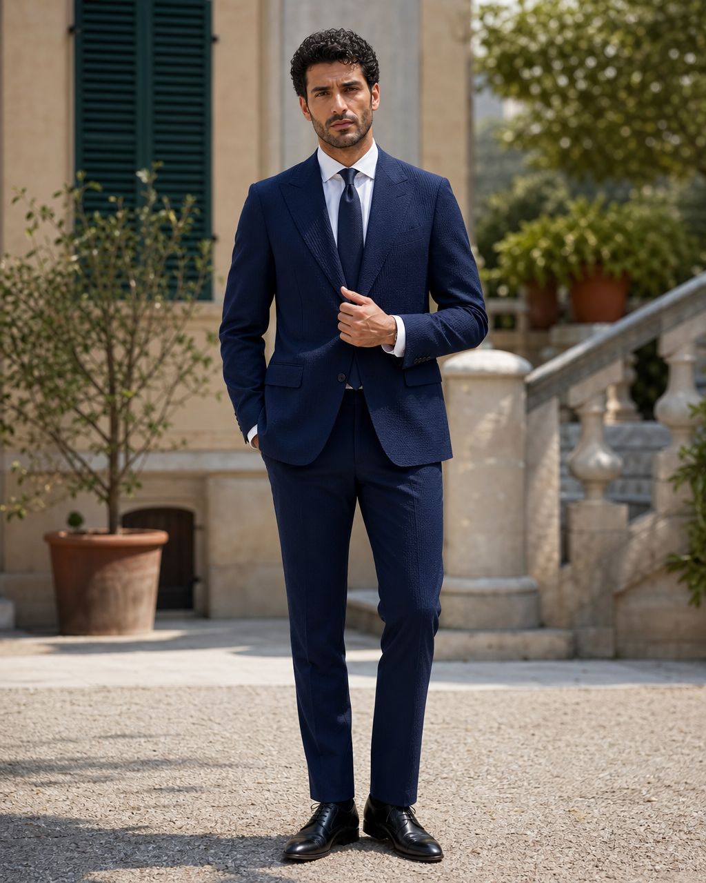 Midnight Blue Seersucker Outdoor Wedding Suit — Custom Made to Measure front view