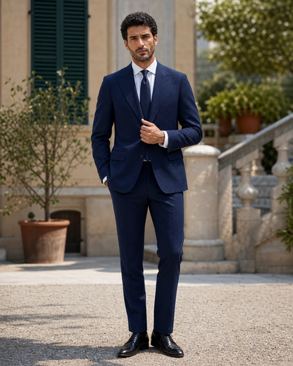 Midnight Blue Seersucker Outdoor Wedding Suit — Custom Made to Measure front view