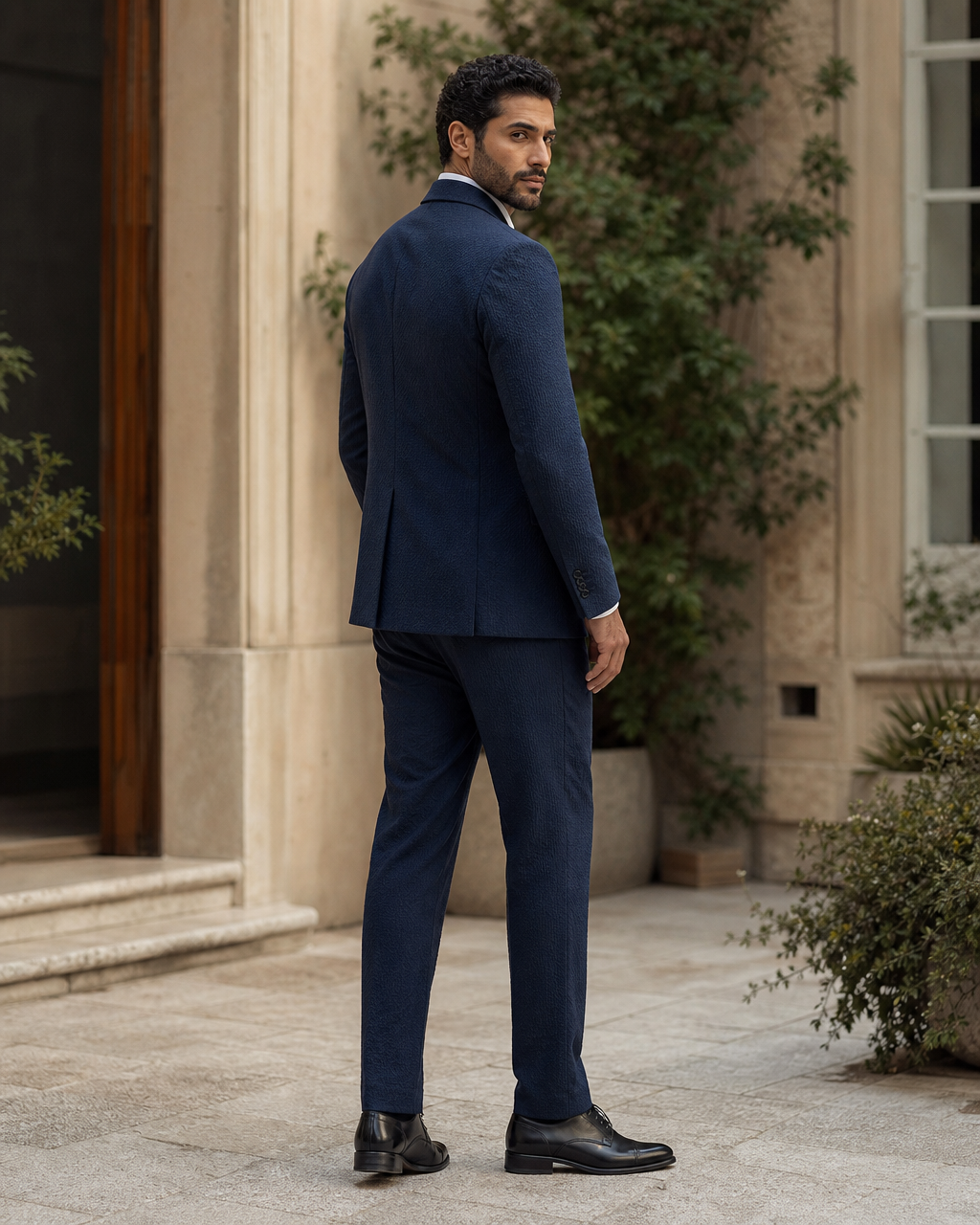 Midnight Blue Seersucker Outdoor Wedding Suit — Custom Made to Measure side back view