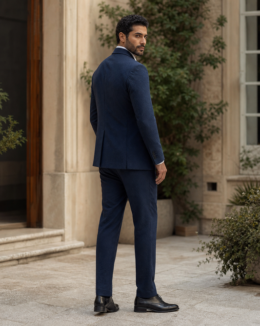 Midnight Blue Seersucker Outdoor Wedding Suit — Custom Made to Measure side back view