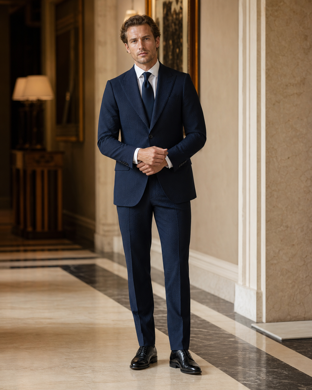 Midnight Blue Seersucker Summer Suit - Custom Made to Measure front view