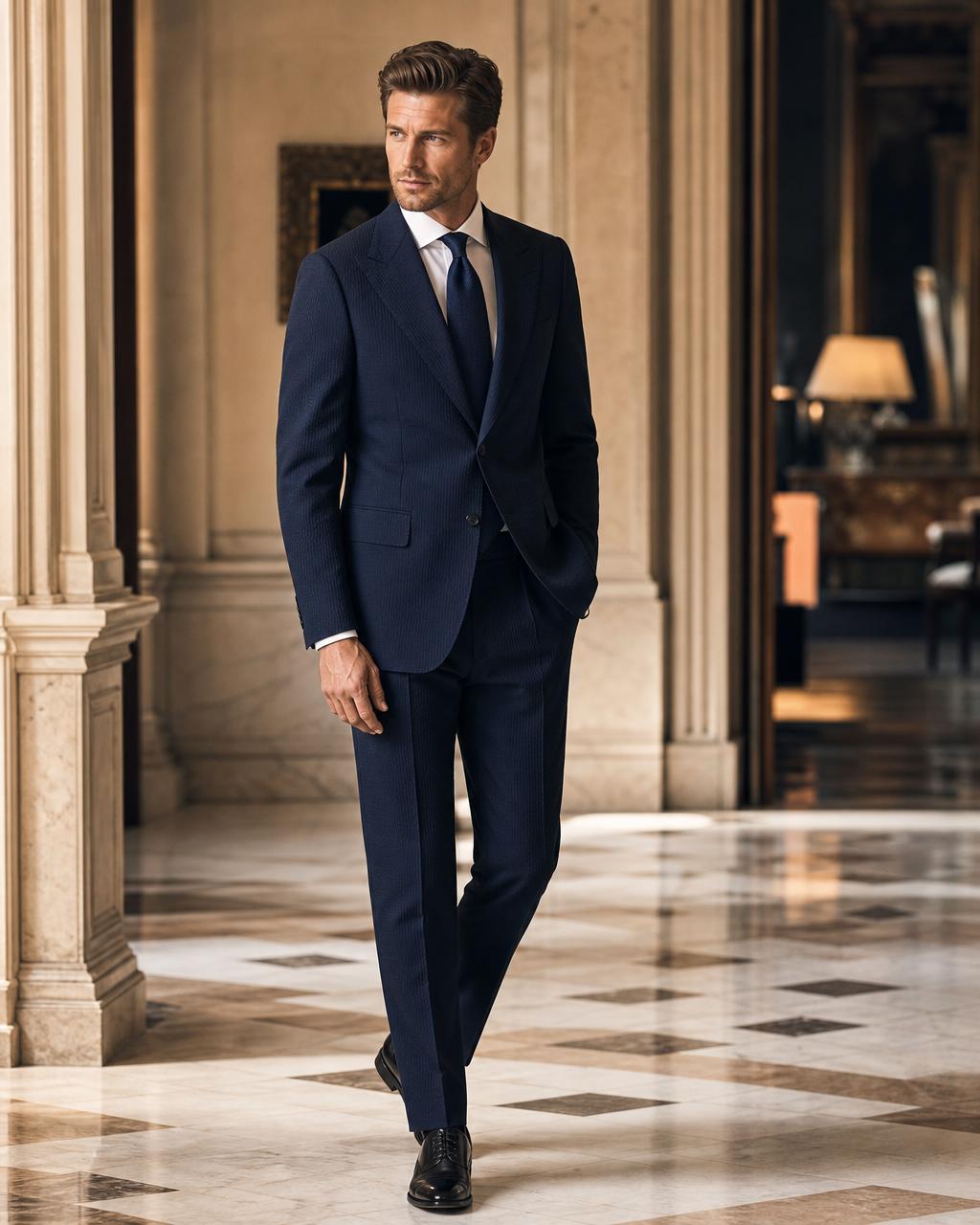 Midnight Blue Seersucker Summer Suit - Custom Made to Measure side back view