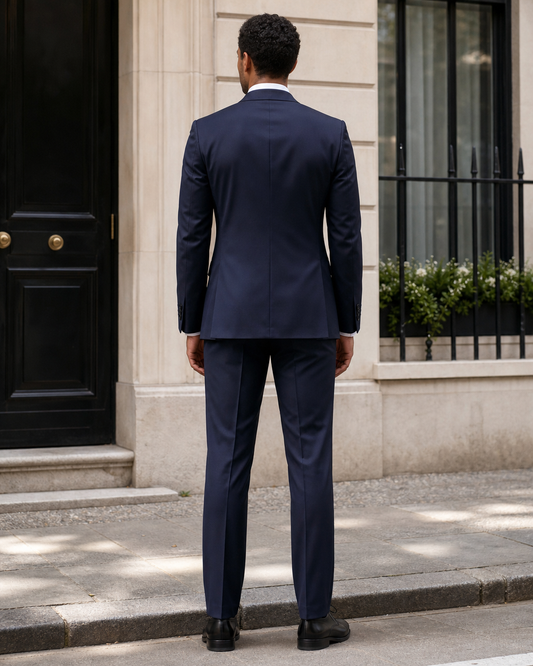 Midnight Blue Silk Blend Peak Lapel Suit - Custom Made to Measure back view