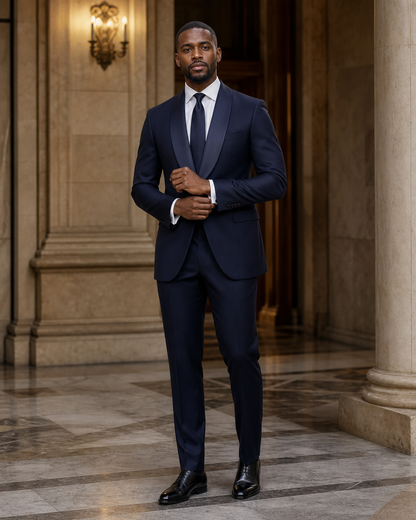 Midnight Blue Silk Blend Shawl Lapel Suit - Custom Made to Measure front view