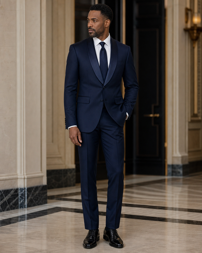Midnight Blue Silk Blend Shawl Lapel Suit - Custom Made to Measure side back view