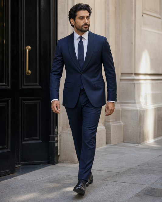 Midnight Blue Wool Shawl Lapel Suit - Custom Made to Measure front view
