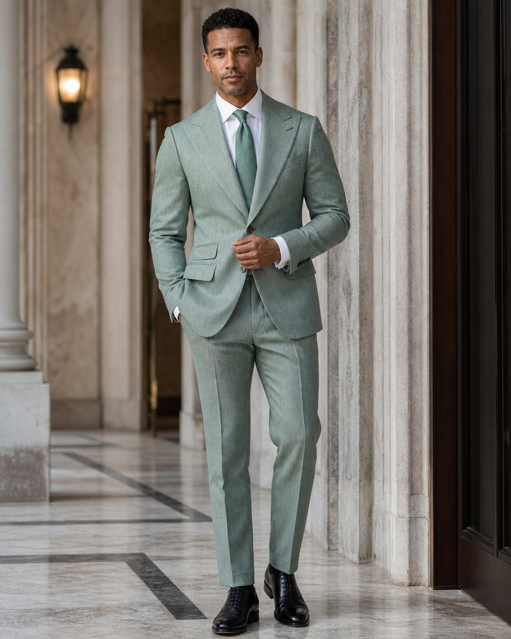 Mint Herringbone Winter Suit - Custom Made to Measure front view