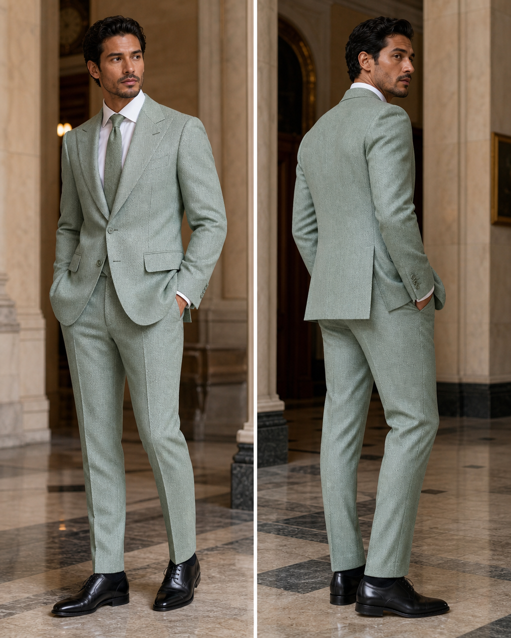Mint Herringbone Winter Suit - Custom Made to Measure side back view