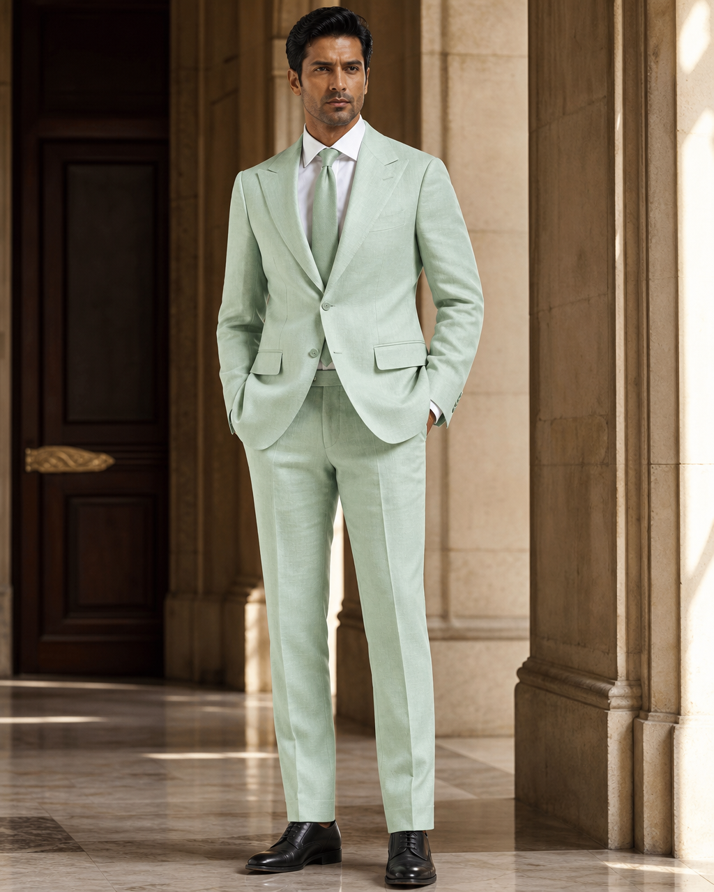 Mint Linen Outdoor Wedding Suit - Custom Made to Measure side back view