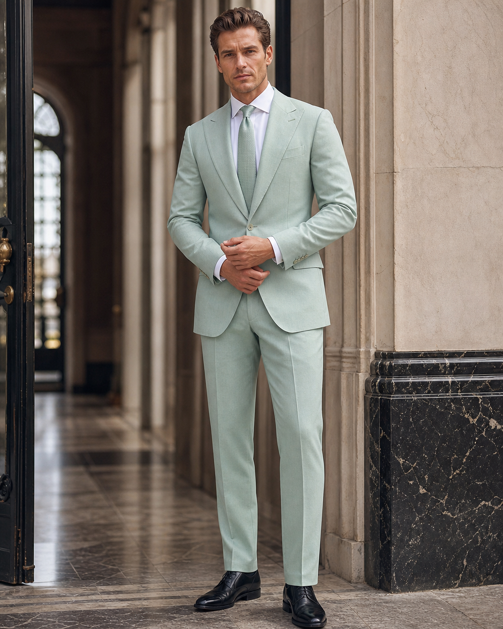 Mint Linen Summer Suit - Custom Made to Measure front view