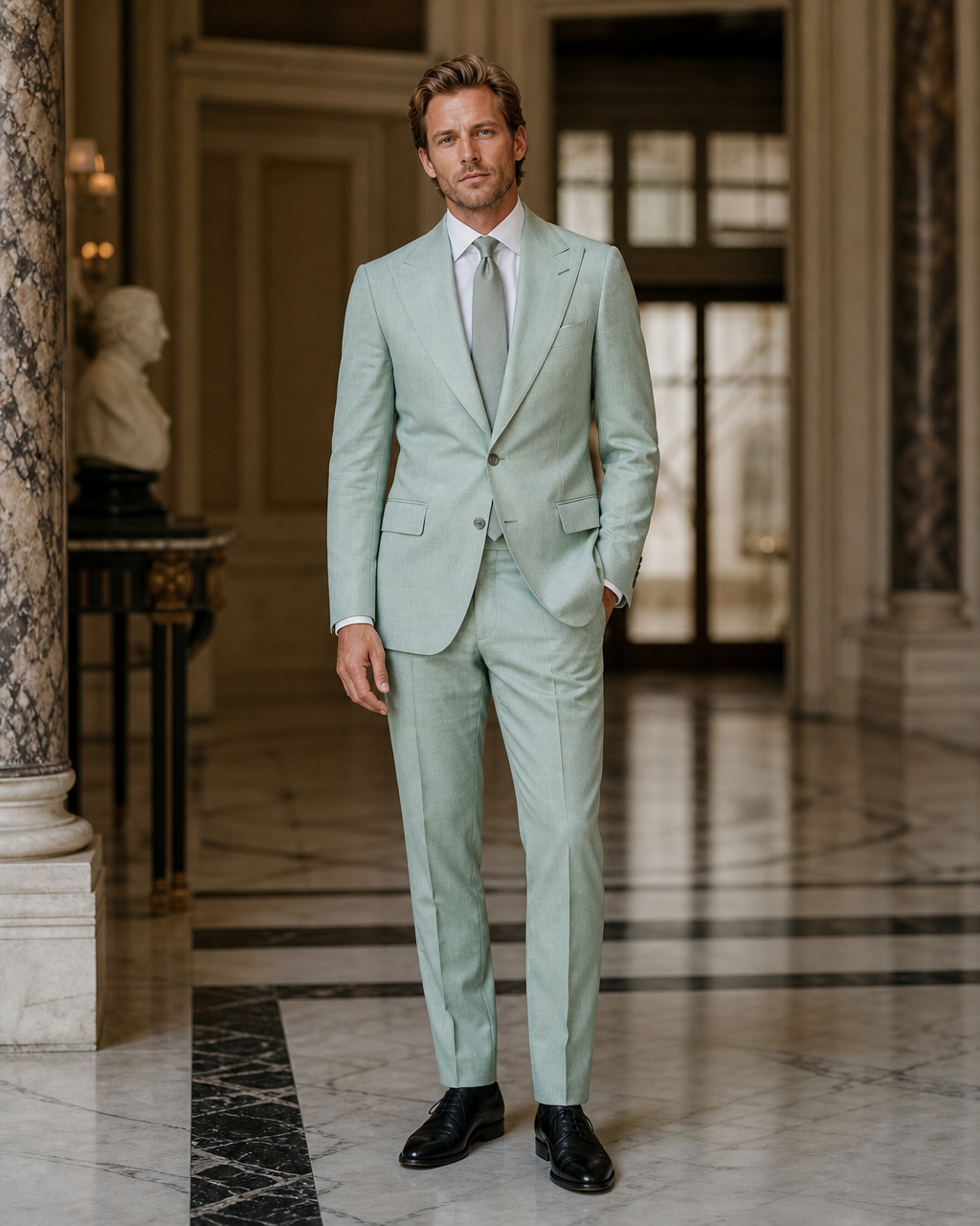 Mint Linen Summer Suit - Custom Made to Measure side back view