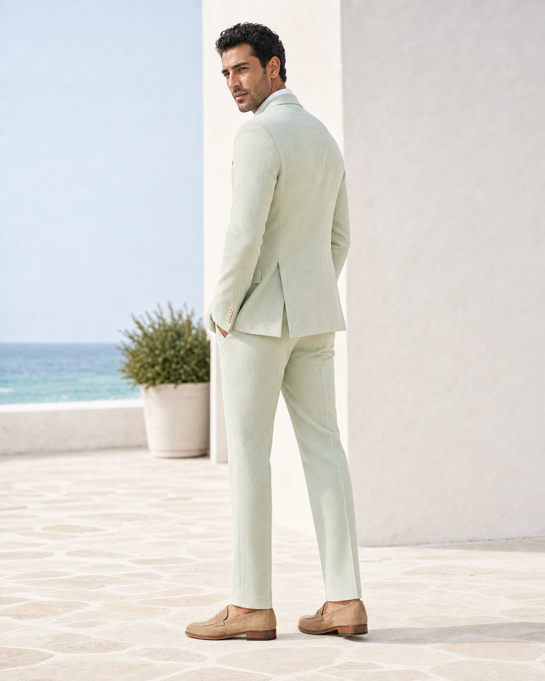 Mint Seersucker Beach Wedding Suit - Custom Made to Measure - Side Back View