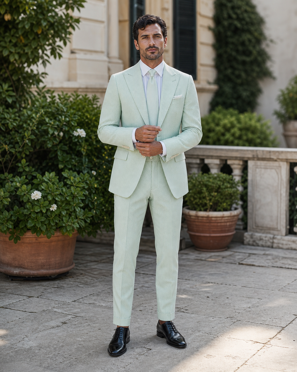 Mint Seersucker Outdoor Wedding Suit — Custom Made to Measure front view