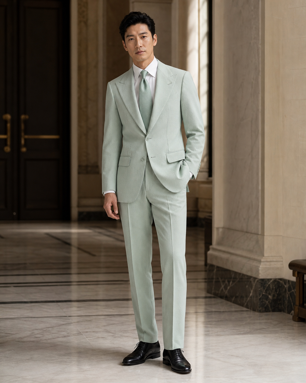 Mint Seersucker Summer Suit - Custom Made to Measure side back view